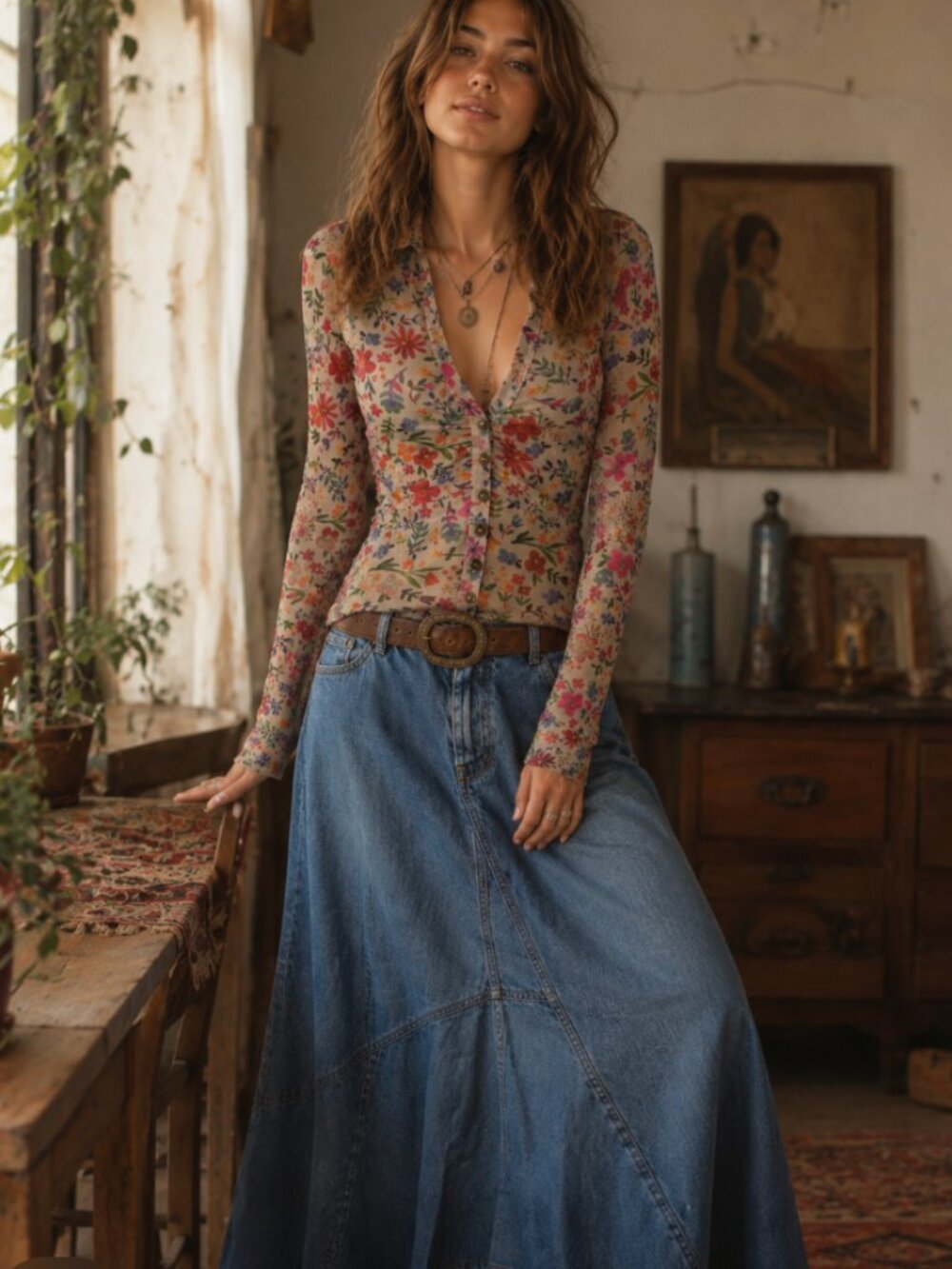Natural Life Womens Boho Mesh Floral Button Front Top Size Small Long Sleeve New